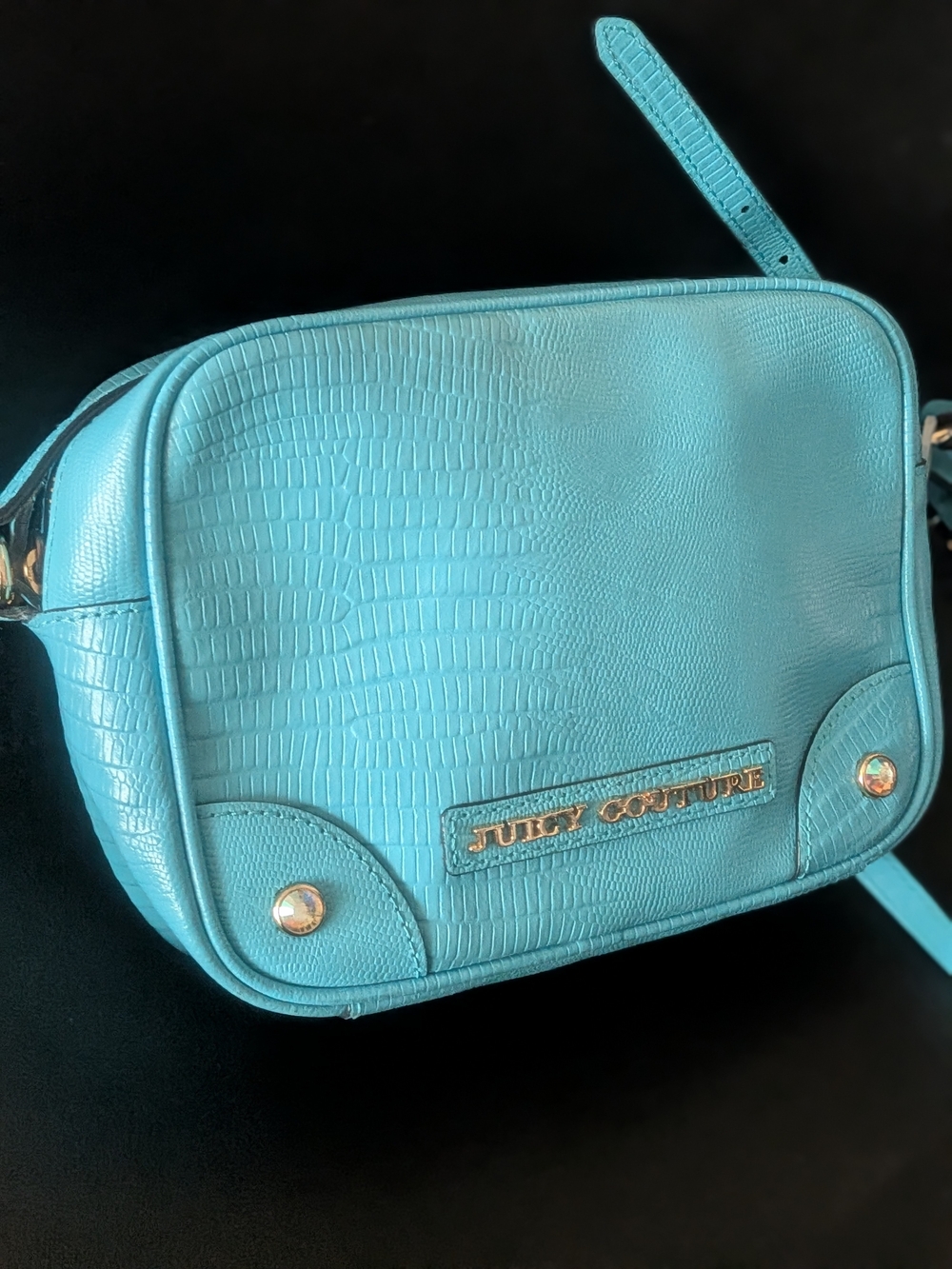 Y2K Juicy Couture Turquoise Real Leather Croc-Embossed Camera Crossbody Bag